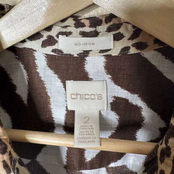 Chico's Shirt Women's Large 100% Linen No Iron Sleeveless Top Tunic Animal Print - Picture 5 of 12